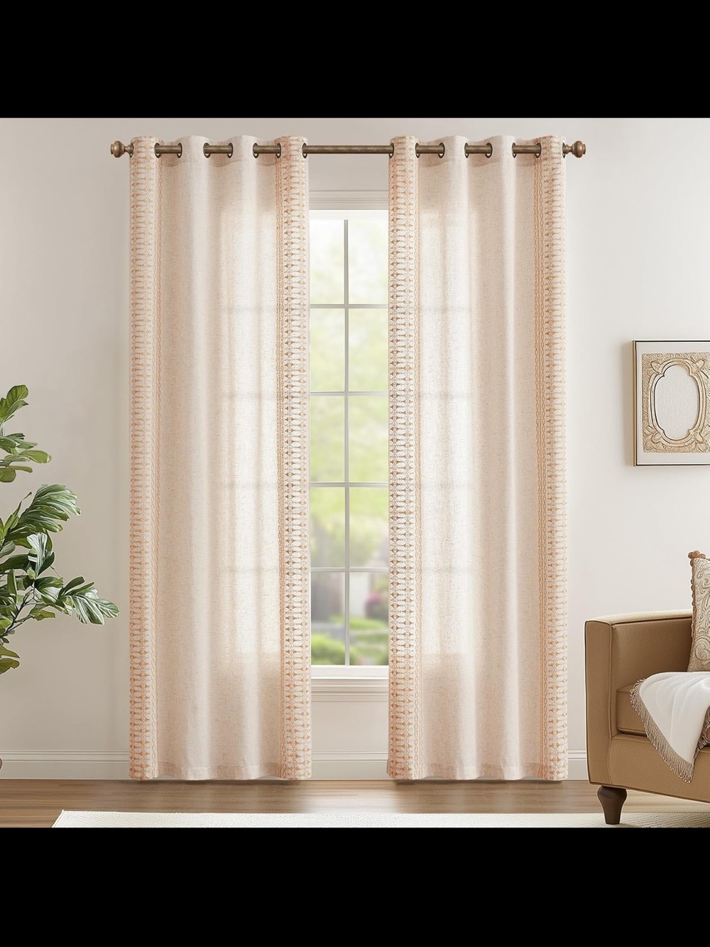Boho linen blend embroidered Window Curtain Panels 50X84